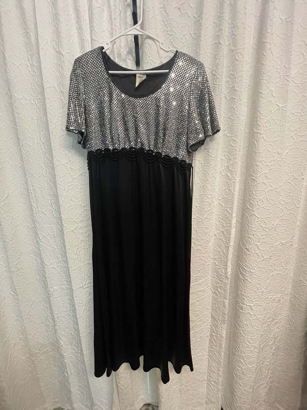 Vintage 80s Jazz 2 Sequin Maxi Evening Dress Large Black Silver Gown VTG